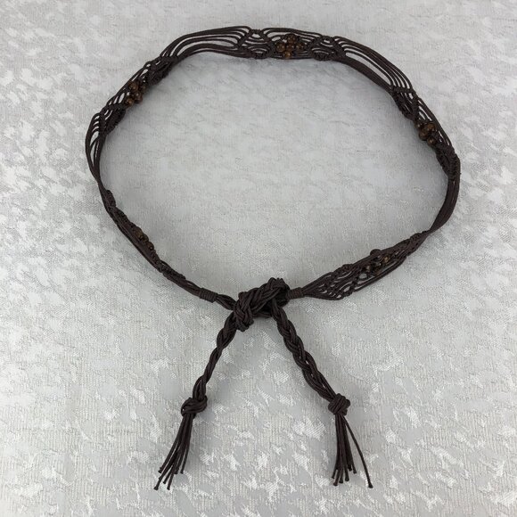 Macrame Brown Bohemian 54” Knotted Cord Belt with Brown Beads and End Tassels - Picture 1 of 8